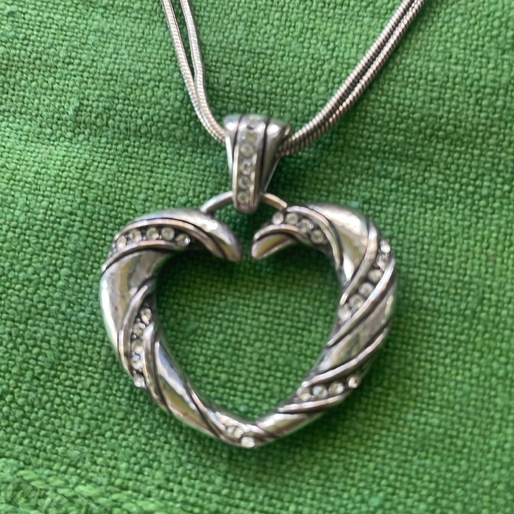 Brighton Silver Heart Pendant Necklace w crystals and double chain